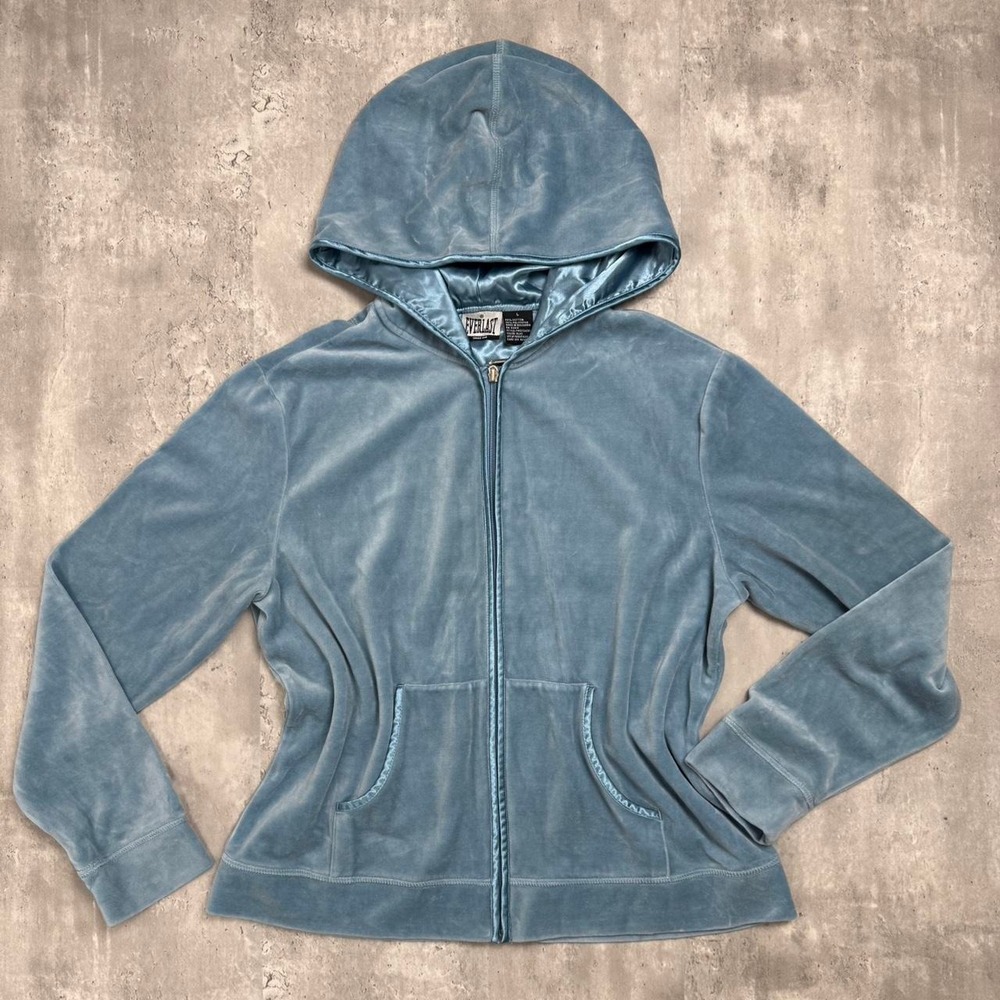 Everlast Blue Velvet Zip Up Hoodie Velour Y2K Satin Lined Women Large FW3731C55